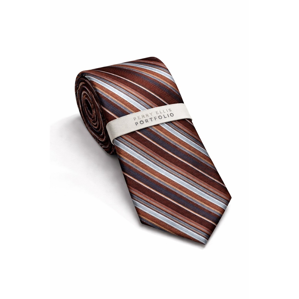 PERRY ELLIS Portfolio Men's Elegant Neck Tie Navy Cognac  Holden stripe new